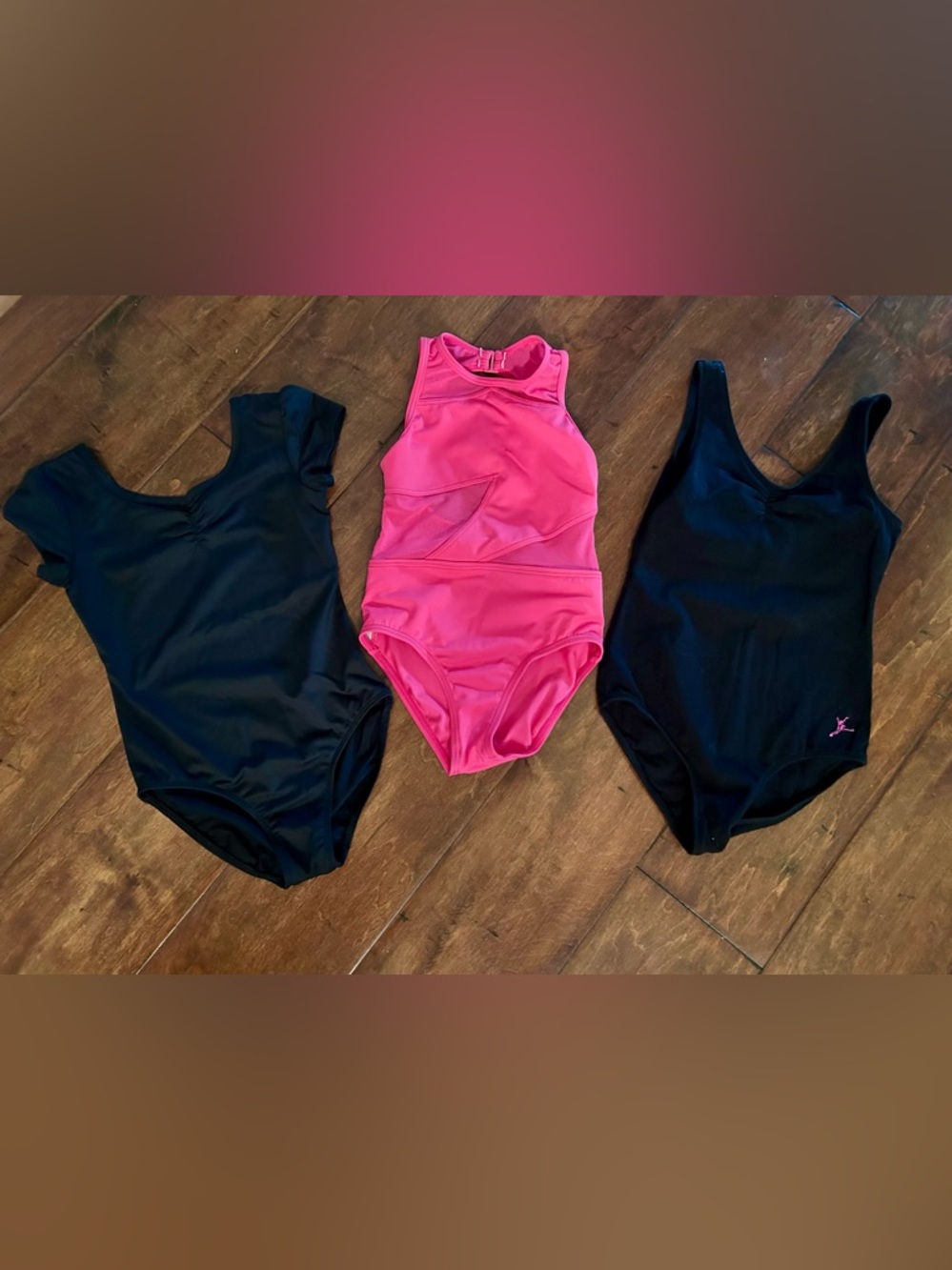3 pack of leotards! Hot pink (SC), black cap sleeve (S 6-6x) and black v (M)